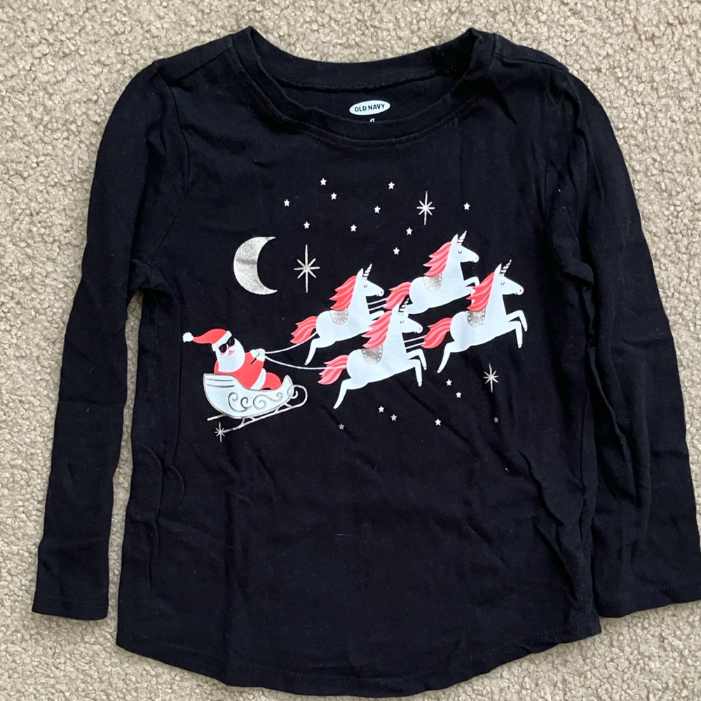 Old Navy 4T long sleeve shirt. Black with Santa and a Unicorn drawn sleigh